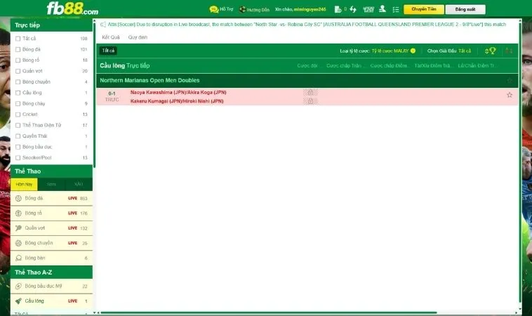 Giao diện đặt kèo cá cược cầu lông tại FB88