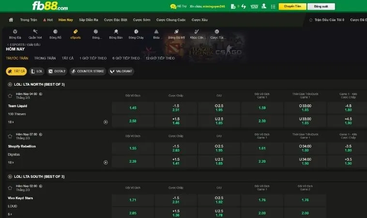 Hướng Dẫn Cách Chơi Thể Thao Điện Tử Tại FB88 Thành Công Nhất 2 Giao diện đặt kèo cá cược Thể thao điện tử tại FB88