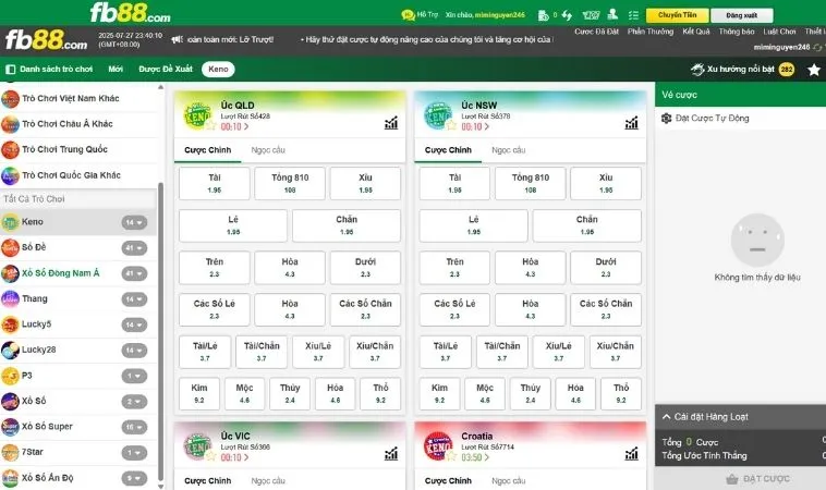 Giao diện chơi game nhanh Keno tại FB88