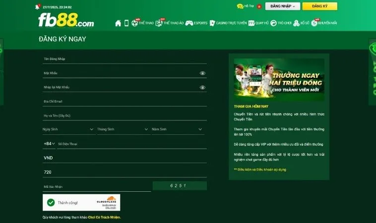 Giao diện đăng ký FB88