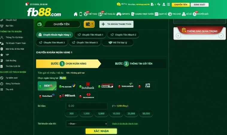 Giao diện nạp tiền FB88