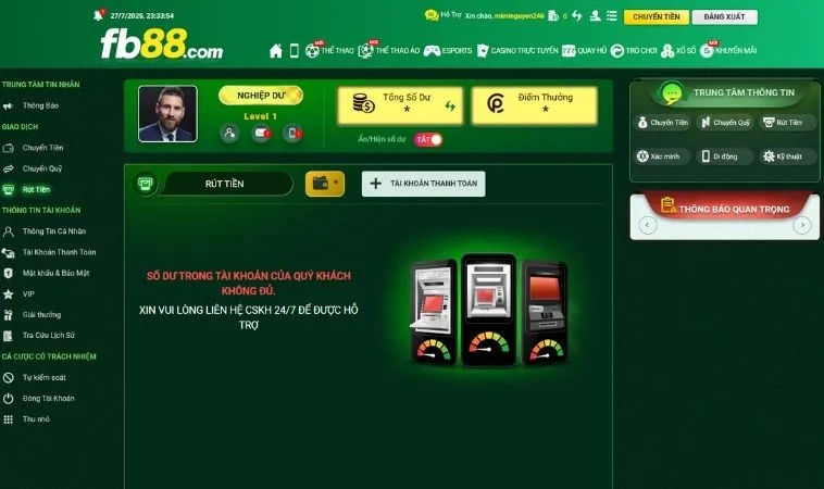 Giao diện rút tiền FB88