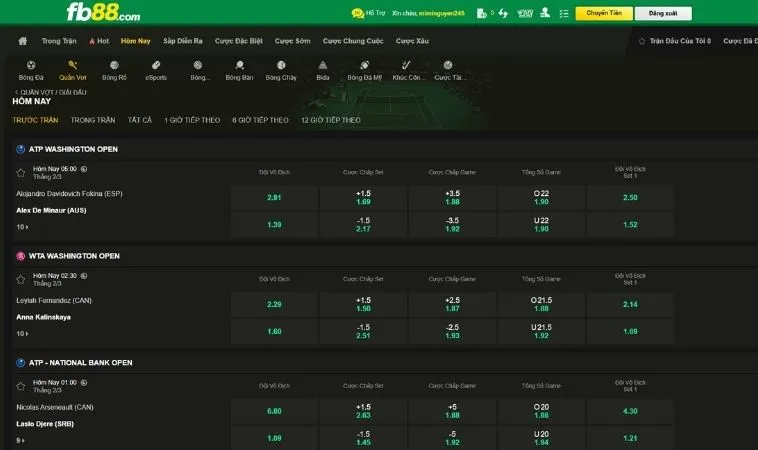 Tìm Hiểu Cá Cược Quần Vợt FB88: Hướng Dẫn Chi Tiết Cho Bet Thủ 2 Giao diện đặt cược kèo quần vợt FB88